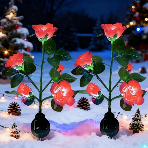XVZ Luces solares Exterior Jardín, lámparas Decorativas LED Rosas Solares, impermeable lámpara solar con flor más grande y panel solar más ancho, para jardín césped terraza camino (rojo, 2 paquetes)