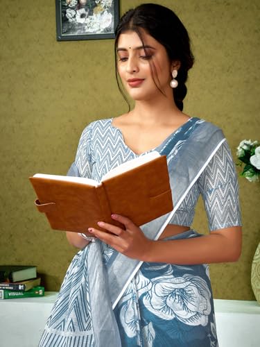 Image of Satrani Women's Linen Printed & Zari Border Ready To Wear One Minute Pre Pleated Readymade Saree with Unstitched Blouse Piece