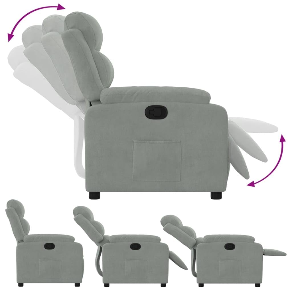 Fauteuil relax en velours gris clair avec fonction de couchage manuelle, dossier réglable jusqu'à 135 degrés, siège rembourré, accoudoirs, cadre en bois et métal pour le salon et le bureau