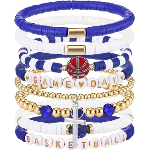 Landical 8 Pcs Basketball Game Day Bracelets Heishi Clay Beaded Stretch Bracelets Basketball Mom...