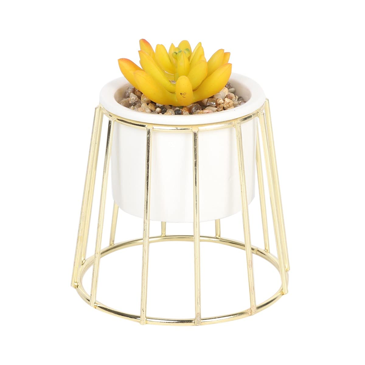 Sleepdown Halo Ochre Succulent Artificial Faux Plant Gold Cage Stand for Home Office Bathroom Decor Indoor Decoration Aesthetics, Small