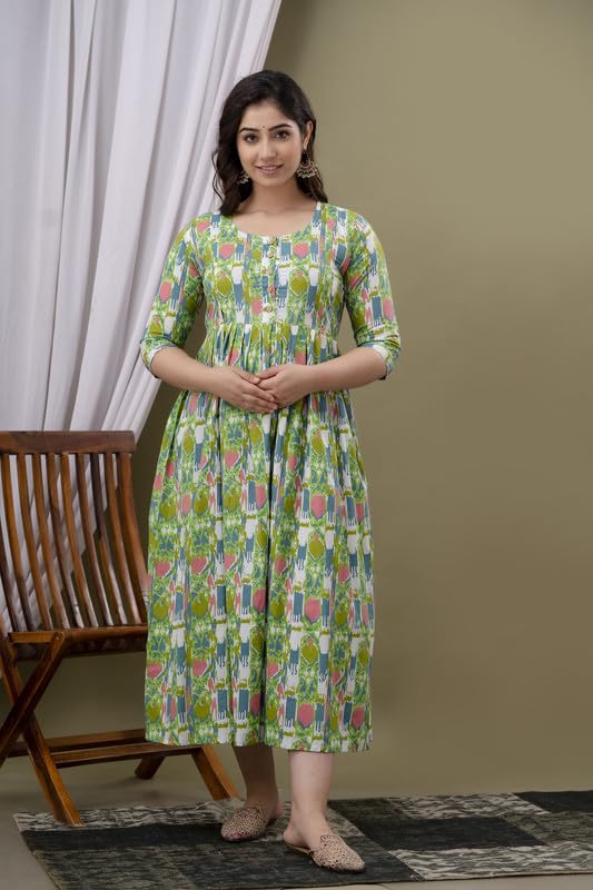 Image of JAIPURFAME Stylish Women's Pure Cotton All Over Printed Kurti Gown, Maternity Dress, and Feeding Dress - Comfortable and Elegant Maternity Wear for Women