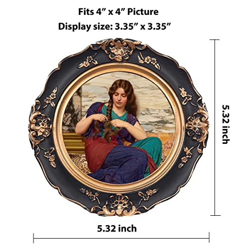 WINPLUS+ Vintage Picture Frames 4x4 Round,Luxury Antique Photo Frames With Golden Embossed Flower Furnishing, Retro Style Decor, Wall and Tabletop Display, Art Gallery (4 * 4-Black)