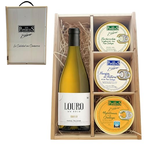 LOS PEPERETES Pack Gourmet Marisco Gallego con Louro Godello | x2 Berberechos al Natural · x2 Navajas al Natural · x2 Mejillones a la Gallega | Estuche Lote Delicatessen Premium Latas Conserva