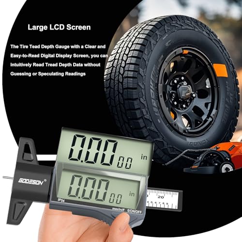 Image of GODESON Digital Tire Tread Depth Gauge - IP54 Waterproof, 2.5 inch LCD Screen, 3 Modes (Fraction /Inch /MM), 1 inch Range, Auto-Off, Tire Wear Measure Gauge Tool 32nds for Car, Truck & SUV Tires