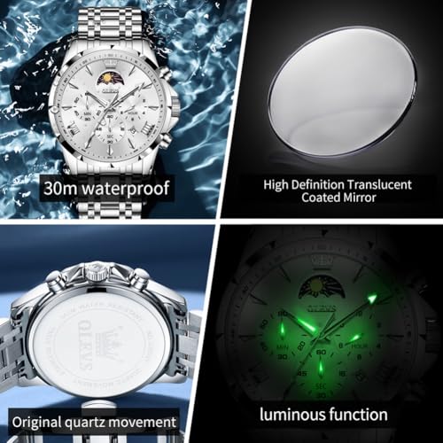 Image of OLEVS Watches for Men Analog Quartz Original Branded Mens Watch Chronograph Stainless Steel Chain 3ATM Waterproof Wrist Watch for Men