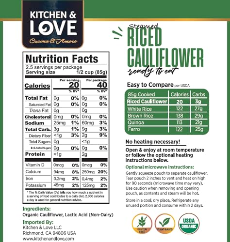 Kitchen & Love Organic Riced Cauliflower 8 oz (6 Pack) | Low Carb, Low Calorie, Healthy Rice Alternative, Vegan, Gluten Free, Ready to Eat & Microwaveable, Dairy Free, Shelf Stable