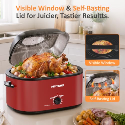 Image of 30 Quart Large Turkey Roaster with Defrost & Warm Functions, Electric Roaster Oven with Visible Self-Basting Lid, Adjustable Temperature Control, Removable Pan & Rack, Stainless Steel, Red