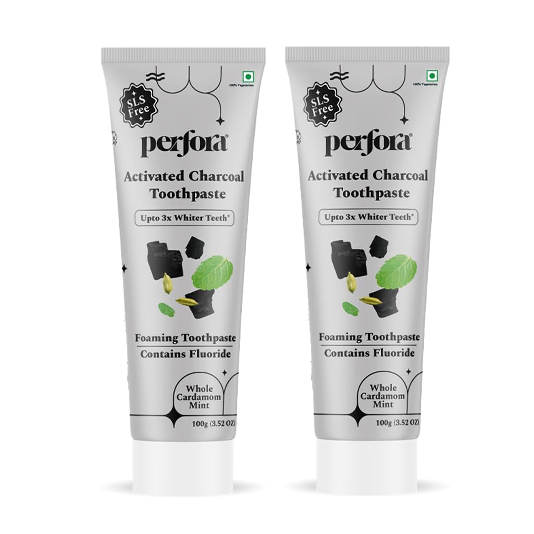 Perfora Activated Charcoal Toothpaste & Mouthwash Combo | SLS, Titanium Dioxide & Alcohol Free | Bamboo Charcoal For 3x Whiter Teeth | Enamel Safe Teeth Whitening Toothpaste for Men & Women -Pack of 2
