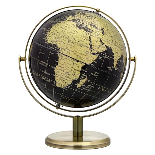 EXERZ Globo de 20 cm, color negro y dorado, rotación de 360 grados en todas las direcciones, World Globe Educational Geographic, arco y base de bronce, mapa inglés.