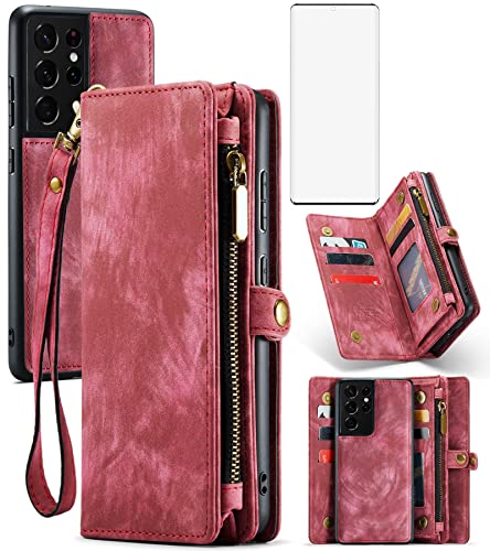 Asuwish Phone Case for Samsung Galaxy S21 Ultra Glaxay S21ultra 5G Zipper Wallet Cover with Tempered Glass Screen Protector and Flip Card Holder Cell Accessories Gaxaly 21S S 21 21ultra G5 Women Red