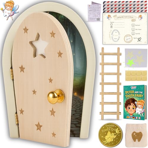 HOMYKIDS Magische Zahnfee Tür aus Holz mit Zauberhaftem Hintergrund Leuchtet im Dunkeln Zahnurkunden + Münze + Leiter + Zahnbeutel + Fluoreszierende Stern-Sticker + KOSTENLOSES E-BOOK
