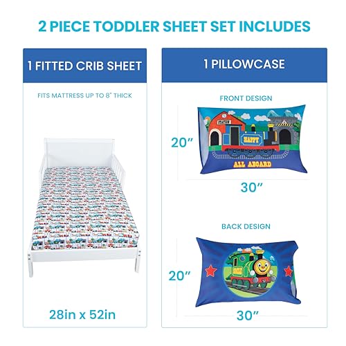 Image of Todays Kids Choo Choo Train Toddler Bed Sheets for Boys - 2-Piece Baby Crib Sheets Boy Crib Size, 28x52 Fitted Sheet & 20x30 Pillowcase, Soft Breathable & Fade-Resistant Microfiber, Machine Washable