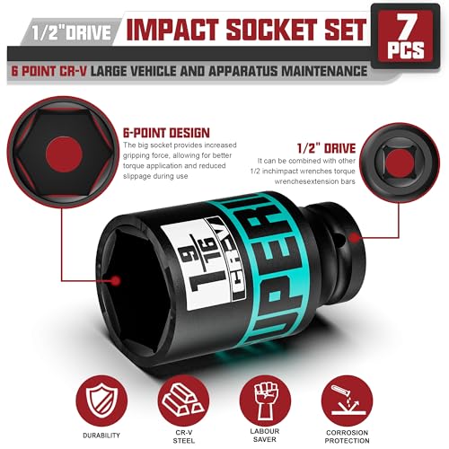 Image of 7pcs 1 /2 inch Drive Impact Socket Set, SAE Axle Nut Sockets,1-3 /8 inch to 1-3 /4 inch Thicker Jumbo Sockets, Socket Set, 6 Point, Cr-V, for Mechanics, Durable Professional Tool Kit