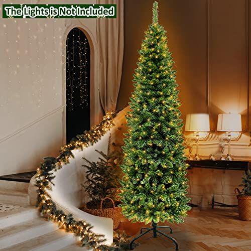 Turnmeon 6.5 Ft Artificial Pencil Christmas Tree Decoration 680 Thick Branch Tips Hinged Slim Xmas Tree With Metal Stand For Indoor Outdoor Christmas Home Decor (Spruce Green) #TOP4