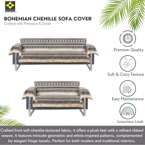 Image of Elegant Woven Grey Sofa Cover - Soft Chenille Traditional Pattern with Lace Style | L-Shape Sectional Seat Protector for Living Room | Durable & Stylish Slipcover 3+2 Seater with Arms