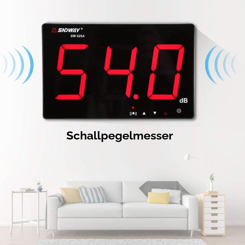 Schallpegelmesser, 30~130 dB, 9,6-Zoll-LCD-Display, wandhängender Dezibel-Geräuschmessgerät mit Alarm (SW-525A)