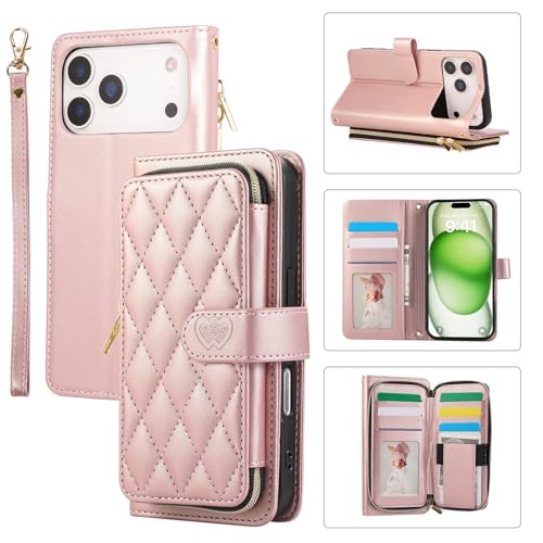 Étui iPhone 17 Pro Max or rose avec sangle et portefeuille zippé - 2