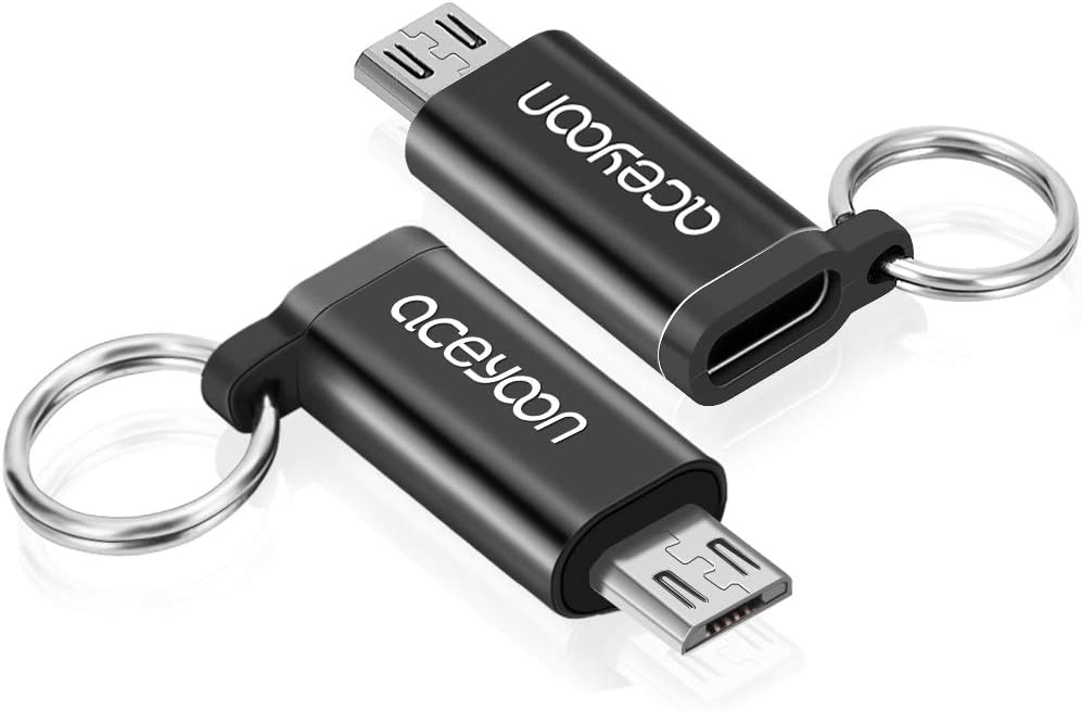aceyoon Adaptador Micro USB a USB C 2 Pack Adaptador 3A Carga Rápida y Sincronización USB Tipo C (Hembra) a Micro USB (Macho) con Llavero Conector de Aleación Aluminio para Huawei y más