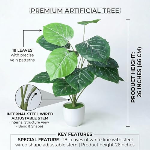 Image of Dekorly Artificial Alocasia Plant 26 Inches with White Pot, Large Faux Indoor Plant for Living Room Home Decor, Realistic Tropical Leaves, Office Desk Shelf Decoration Housewarming Gift