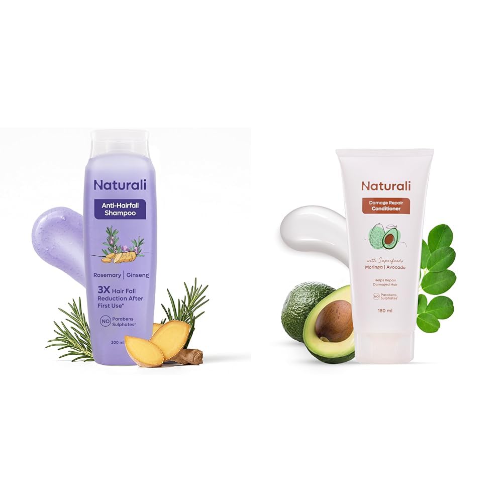 naturali anti hairfall shampoo + damage repair conditioner | 3x lesser hair breakage | promotes hair growth | repairs split ends | sulphate & paraben free shampoo & conditioner | 200ml+180ml