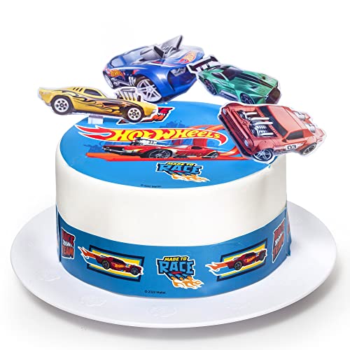 Kardasis Hot Wheels Dessus de Gâteau et figurines en papier | Disque Azyme comestible pour gâteaux | Décoration de gâteau pour l'anniversaire | 20cm + 3...