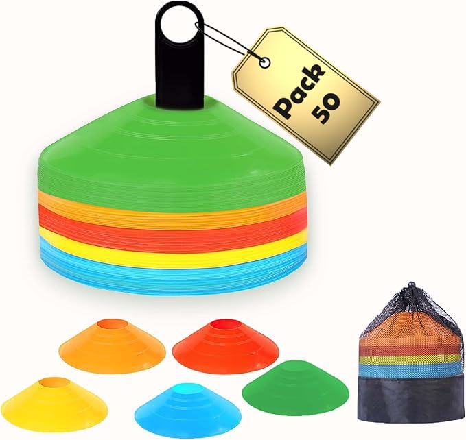 PeerMary Soccer Cones 100/50/25 Pack with Carry Bag & Holder Five Colors | Agility Disc Cones Set for Training | Sports Practice Equipment for Soccer Football Basketball Coaching & Speed