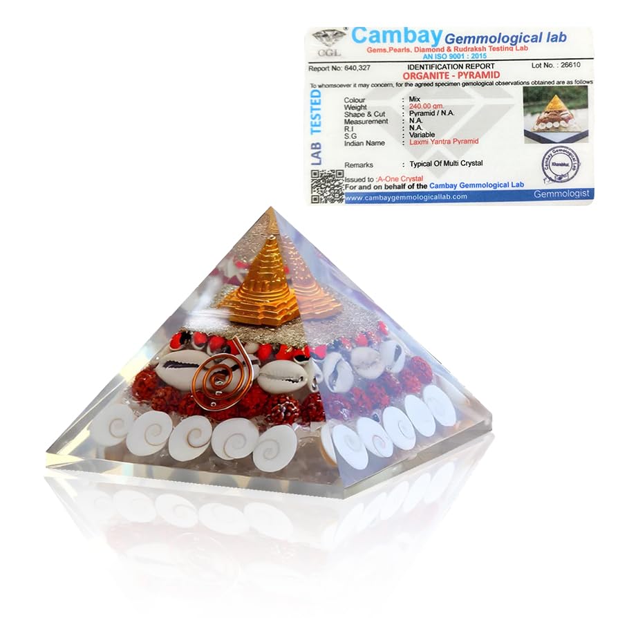A-One Crystal Laxmi Pyramid 90MM – Large Lakshmi Pyramid with Shree Yantra, Gomti Chakra, Rudraksha, Chirmi & Kaudi Shells for Wealth, Prosperity, Good Luck – Includes Lab Certificate of Authenticity