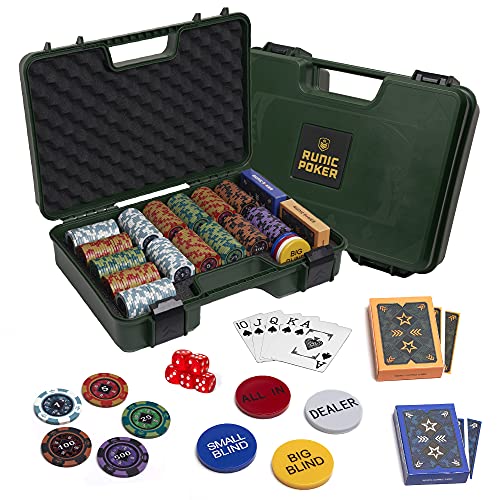 RUNIC Exclusive Poker Set 300 pcs, 14 Gram Clay Poker Chips for Texas Holdem, Black Jack, Casino Grade Chips, Features a Tasteful Shock Resistant Poker Case (Army Green)