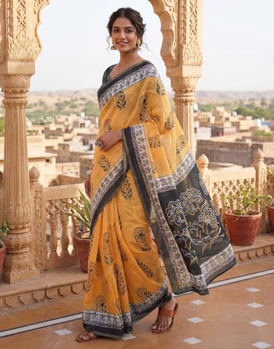 Image of SIRIL Women's Printed Cotton Linen One Minute Ready to Wear Saree With Unstitched Blouse Piece