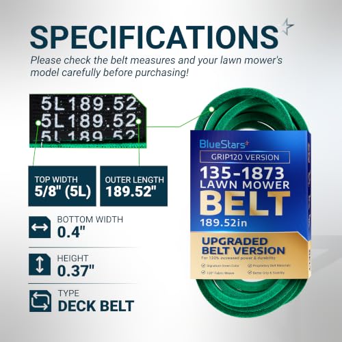 Image of [Upgraded Grip120] BlueStars 135-1873 Deck Belt | Aramid Cord | 5 /8x189.52 | Deck Belt For 60 Inch Deck Toro Titan Max 76601 76602 74452 74467 Z Master 74492 74494 74496 74497 HD 1500 HD 2000 Mowers