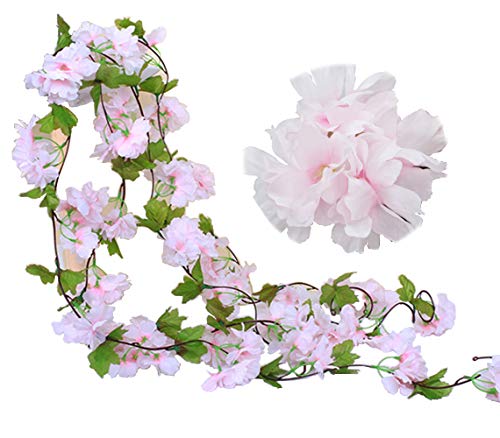 JaneYi 2 Pack 7.7ft Fake Cherry Vine Artificial Flowers Plant Hanging Silk Ivy Garland with Green Leaves for Indoor Outdoor Home Hotel Garden Wedding Party Craft Art Decor (Pink)