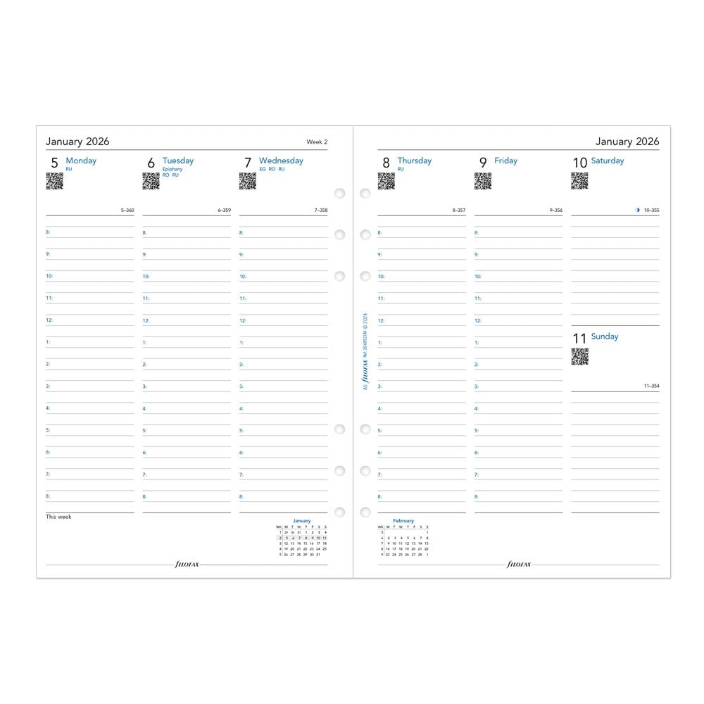 Filofax Calendar Diary Refill, A5 Size, Week-to-View with Appointments, Vertical, Multi-Fit, White Paper, English, 2026 (C68521M-26)