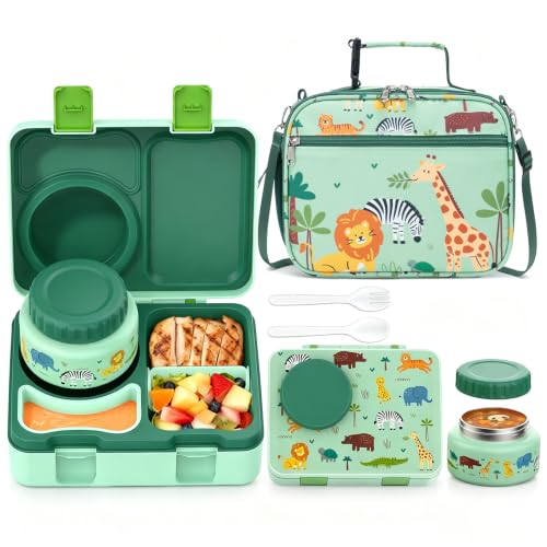 Image of Bento Box for Kids, Leakproof Kids Lunch Box with 8.5OZ Thermo Food Jar & Lunch Bag, 3-4 Compartments Toddler Insulated Lunch Box for Boys, BPA Free Lunch Containers for School Daycare