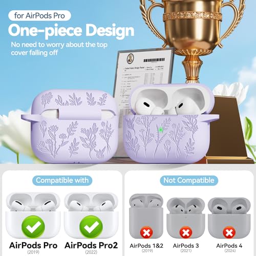 Image of Flower Engraved Case for Apple AirPods Pro 2 Gen with Clean Kit,Soft Silicone Protective Case Cover for AirPod Pro 2nd /1st Generation Keychain,Lanyard,3 Pair Ear Tips,Front LED Visible,Pastel Lilac