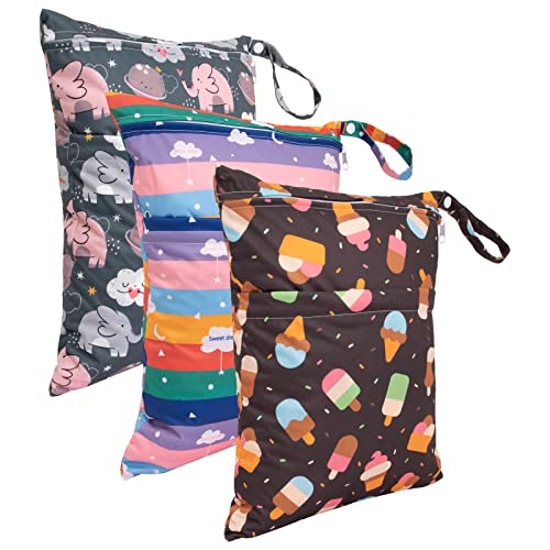 Image of Babygoal Wet Dry Bags for Baby Cloth Diapers, Washable Travel Bags, Beach, Pool, Gym Bag for Swimsuits & Wet Clothes with Two Zippered Pockets 3 Pack, 3LN27