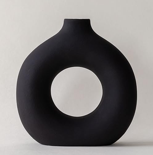 Jarrón negro grande para decoración del hogar, florero circular negro grande, decoración moderna de sala de estar y dormitorio, 9 pulgadas de alto