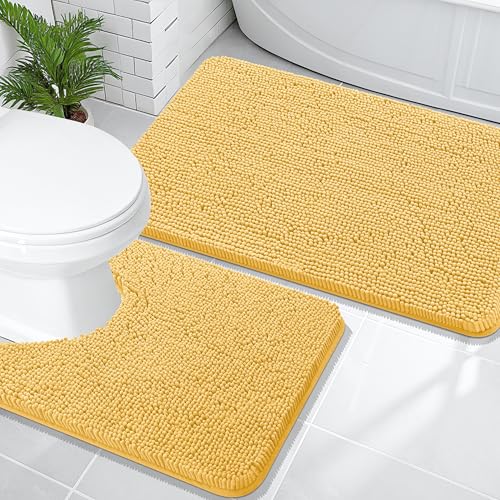 Image of OLANLY Bathroom Rugs Sets 2 Piece, Soft Absorbent Chenille Bath Mats and U-Shaped Contour Toilet Mat Area Rug Set, Machine Washable Bath Carpet, Home Decor Accessories(36 inchx24 inch+24 inchx20 inch, Yellow)