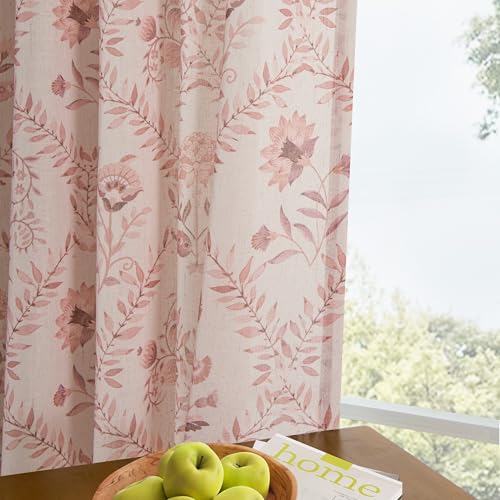 Image of Pink Floral Linen Sheer Curtains 45 Inch Length 2 Panels Set for Kitchen | Patterned Drapes, Semi Sheer, Girls Bedroom, Back Tab, Rod Pocket, Farmhouse, Boho, Cute, Short Cafe Window 52x45, Blush