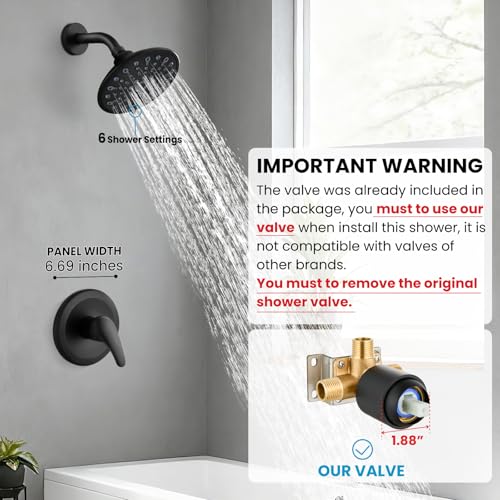 gotonovo Shower Faucet Set Bathroom Shower Head and Handle Set Complete 6 Settings 6 inch Rainfall Shower Head Kit High Pressure Shower System Combo Shower Trim Kit with Valve Matte Black by gotonovo - Used condition - Image 2