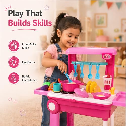 Image of Lifelong Big Kitchen Play Set for Kids 3-5 Years | Portable Suitcase Toy Kitchen | 28-Piece Pretend Cooking Accessories with Stove, Pots, Pans & Play Food | Plastic Playset for Girls (Pink, 39*20*12)