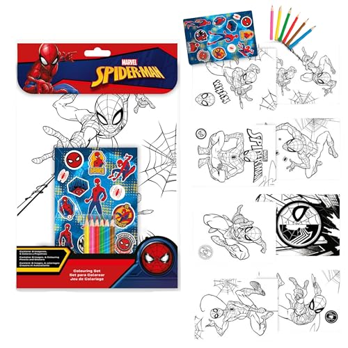 Marvel Spider-Man - Set da colorare per bambini, 8 fogli da colorare, 6 matite colorate e adesivi, kit ufficiale Spidey Art, pacchetto attività da viaggio, regali supereroi per ragazzi e ragazze