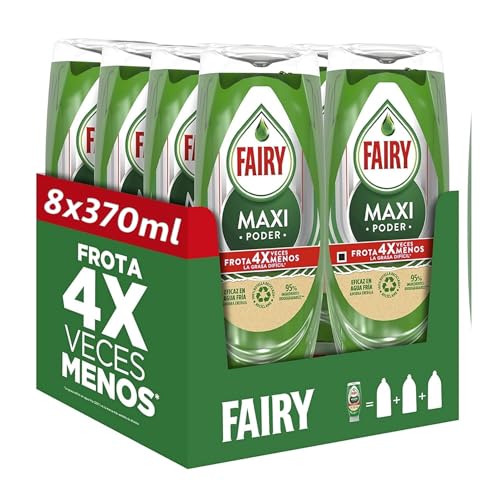 Fairy - Maxi Poder Lavavajillas Liquido a Mano - 3L (8 x 370 ml). Con Poder Antigrasa, Limpieza Facil Platos, Ollas Y Sartenes Mas Grasienta. Fairy Maxi Poder