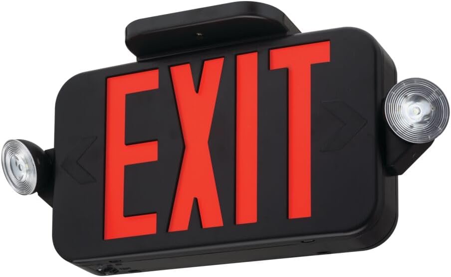 Lithonia Lighting ECRG Basics LED Exit Sign/Emergency Light Combo, Red/Green Switchable Exit Sign and Emergency Lights for Business, 2-Head Fixture, Round Lamp Heads, Black