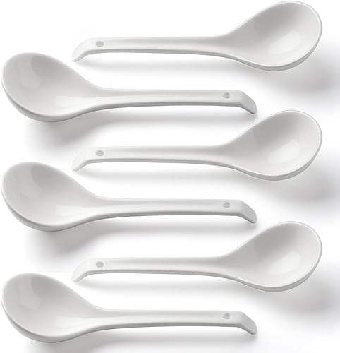Juego de 6 cucharas de sopa de cerámica chinas, cucharas japonesas blancas para el hogar, cocina, comedor, adecuado para Pho, Ramen, fideos