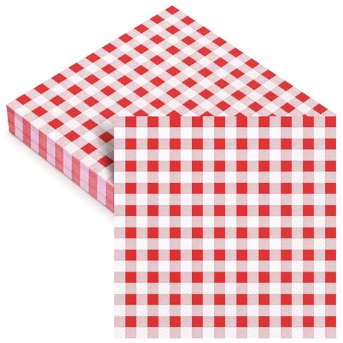 50PCS Red and White Gingham Checkered Plaid Paper Napkins 13 * 13 inches Disposable Party Cocktail Napkins for Birthday Dinner Picnic New Year Halloween Christmas Party