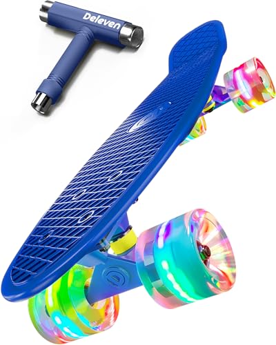 Deleven Skateboard mit LED Rollen, Skate Tool und ABEC 7 Lager - Kinder Erwachsene Anfänger - 56 cm