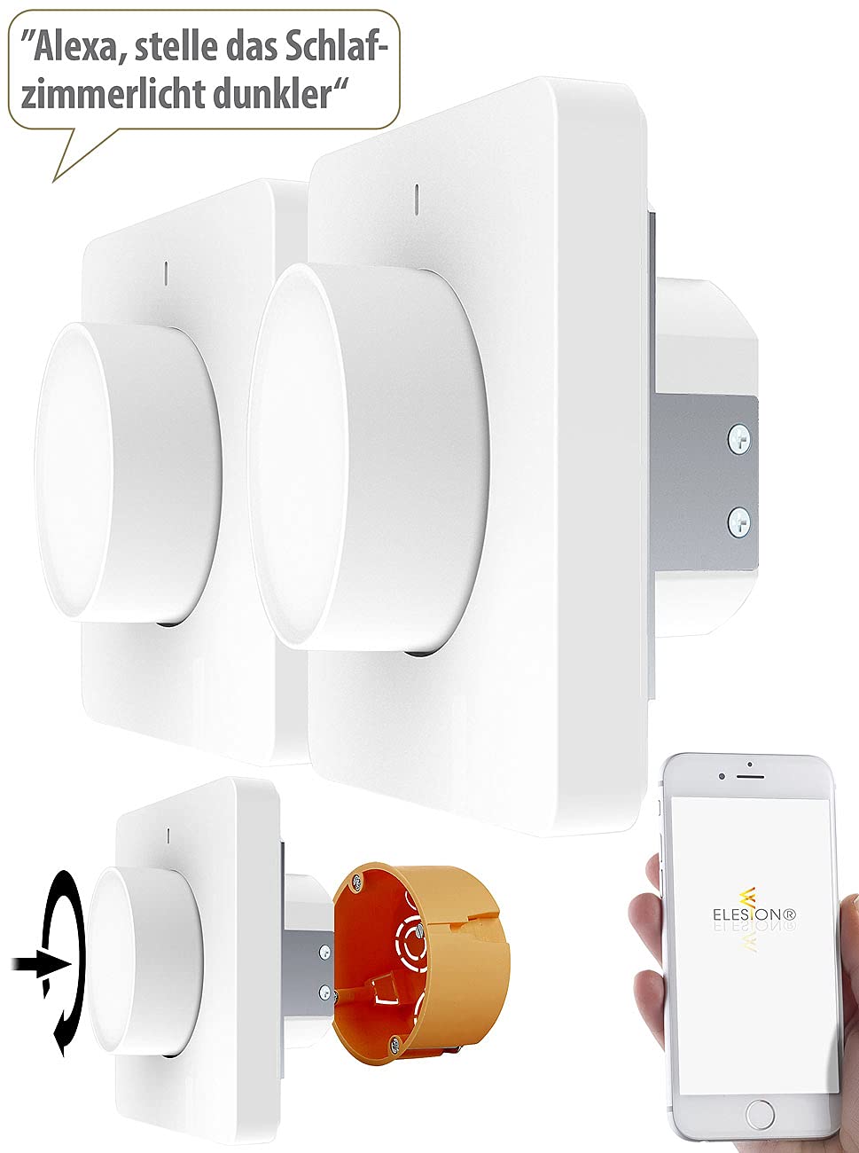 Luminea Home Control Dimmer: 2er-Set WLAN-Unterputz-Lichtschalter mit Dreh- & Drück-Funktion, App (WLAN Dimmer, LED Alexa, Decke)