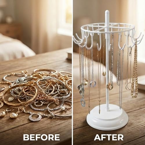 Image of ecofynd Metal Jewelry Organizer Stand with 20 Hooks, 360 Rotating 17-Inch Holder for Earrings, Necklaces, Bracelets & Rings, Space-Saving Display for Vanity, Dressing Table & Home (White, JS012)