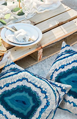Outdoor Pillow Covers Waterproof, Agate Texture Blue White Liquid Swirls All Weather Cushion Case Set of 2, Abstract Ocean Ripples Artwork Decorative Pillowcases for Sofa Patio Furniture 18